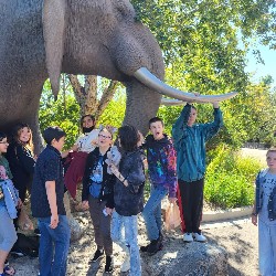 AVC students stand below an elephant statue during a field trip to the zoo.